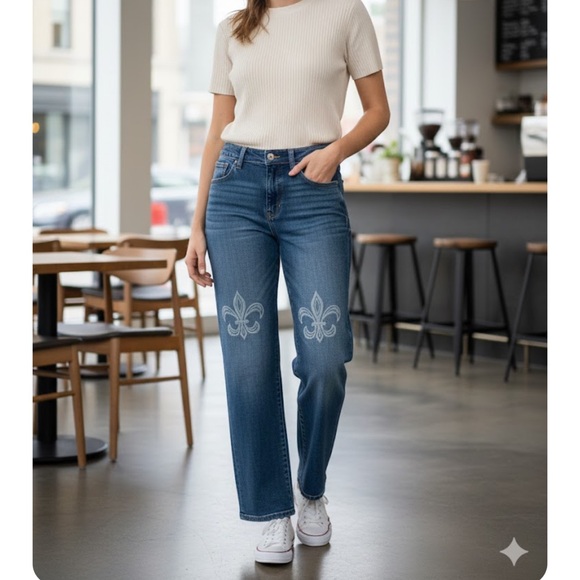 Miss Me Denim - Miss Me Blue Straight Leg Jeans with Embroidered Fleur-de-Lis